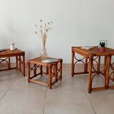 Set of 3 vintage nesting tables in bamboo and woven rattan