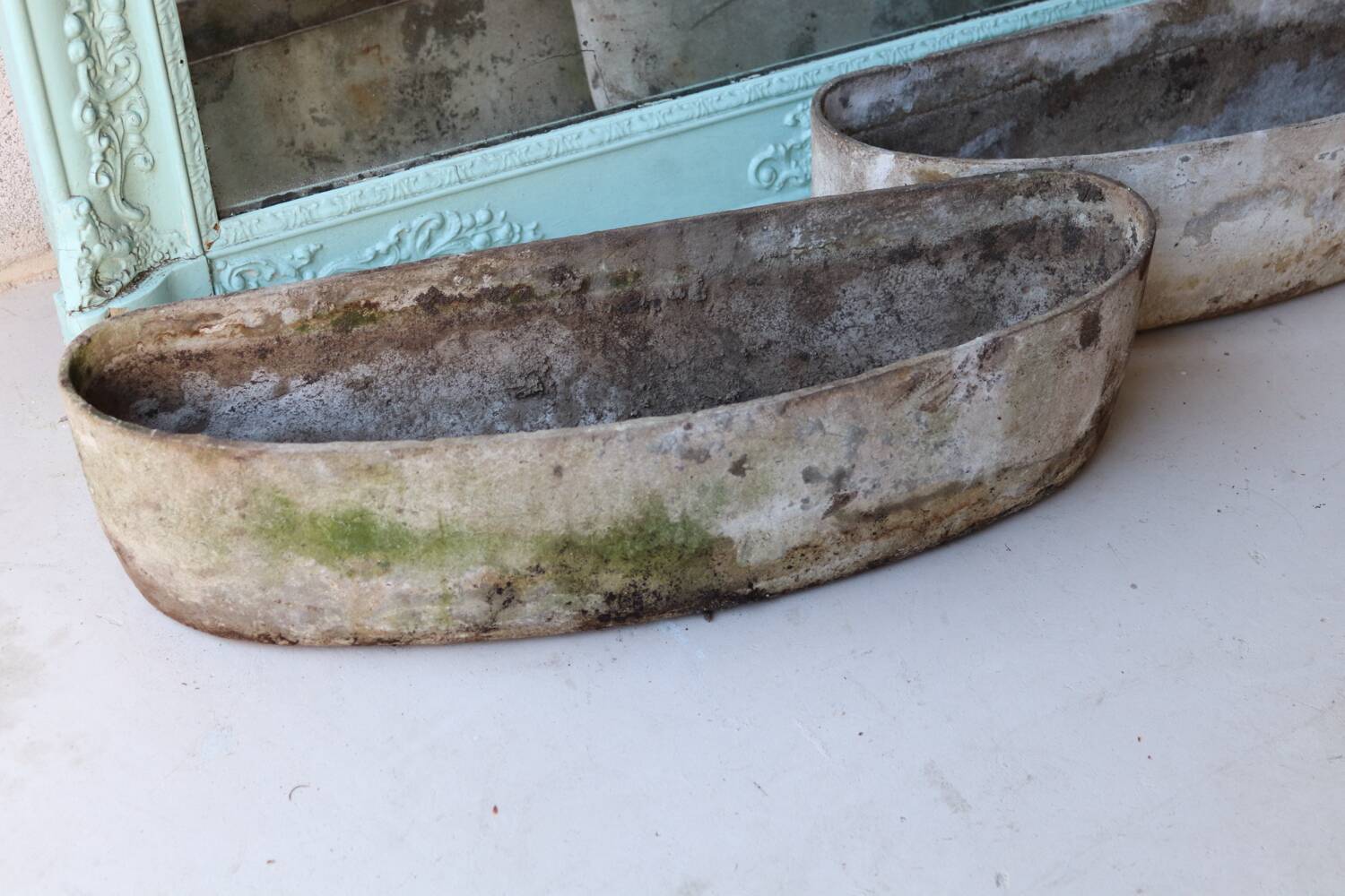 Pair of fibrecement bean-shaped planters