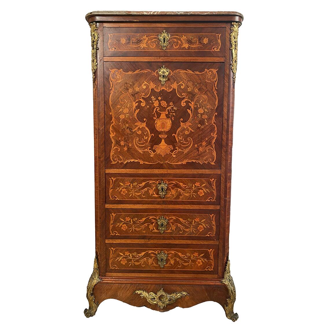 Secrétaire en bois marqueté, plateau de marbre. Napoléon III