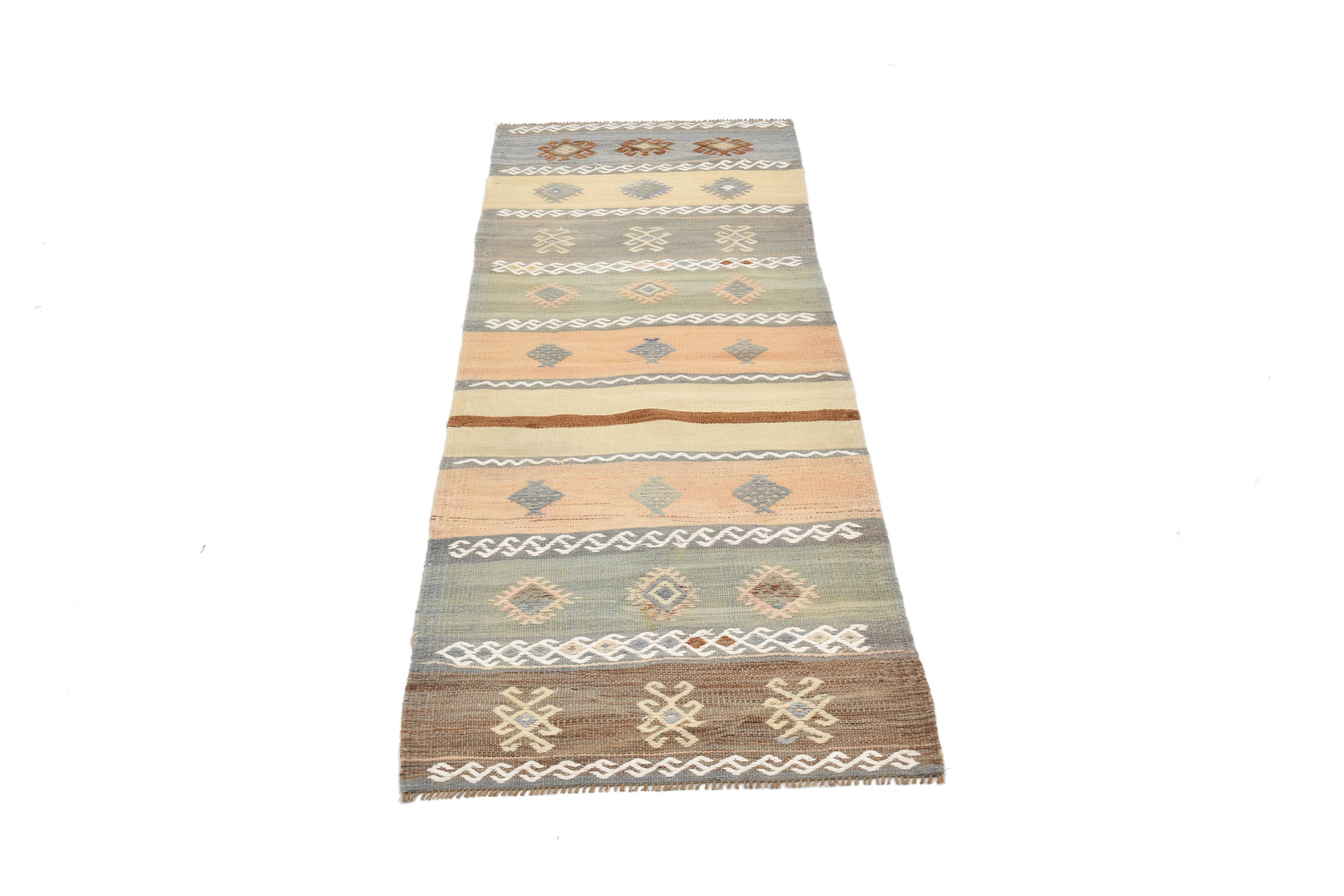 Tapis Kilim vert et crème 2x6, 63x180 cm