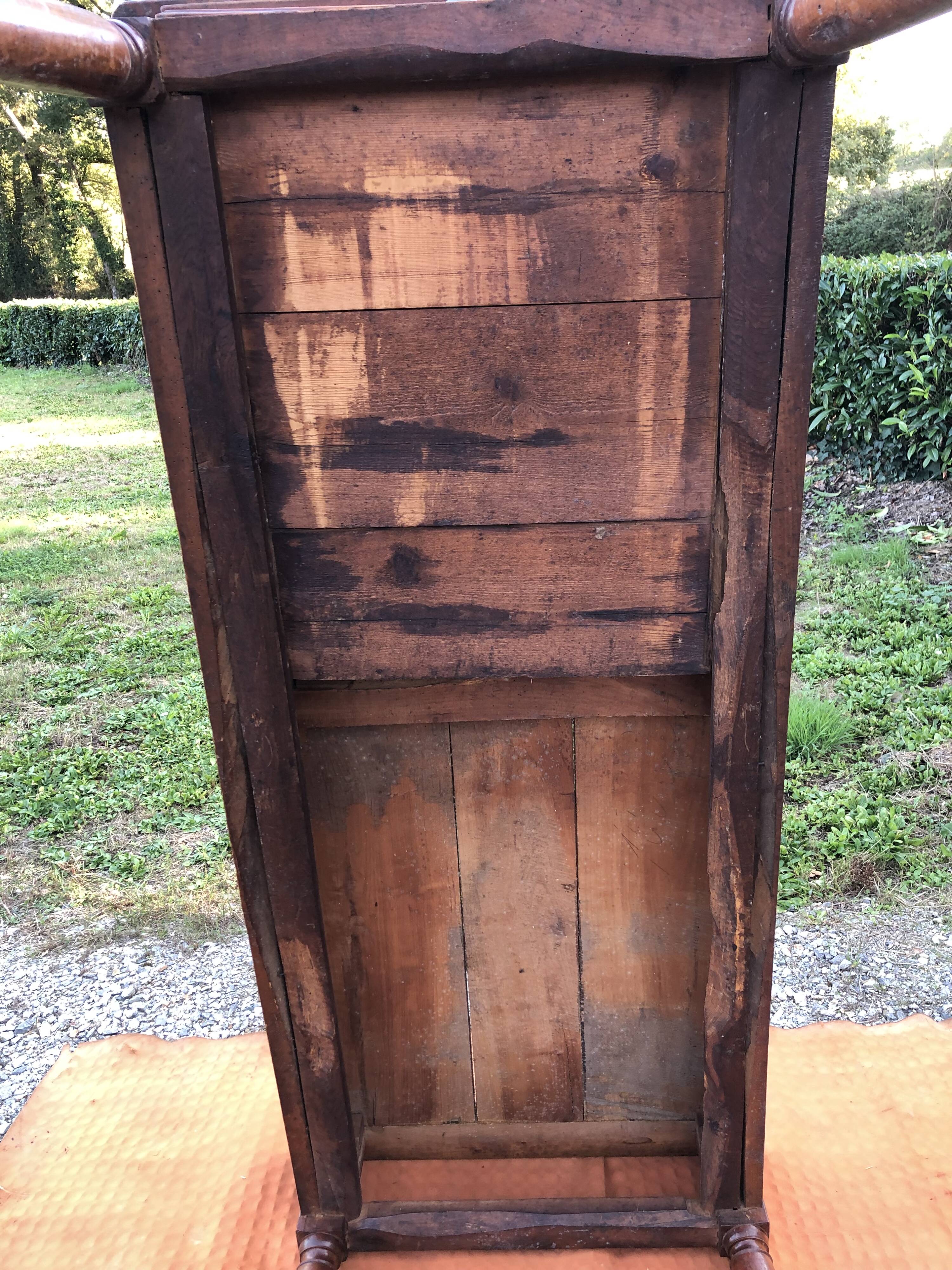 Antique cherry wood farm table with turned base with 2 drawers and 1 pull