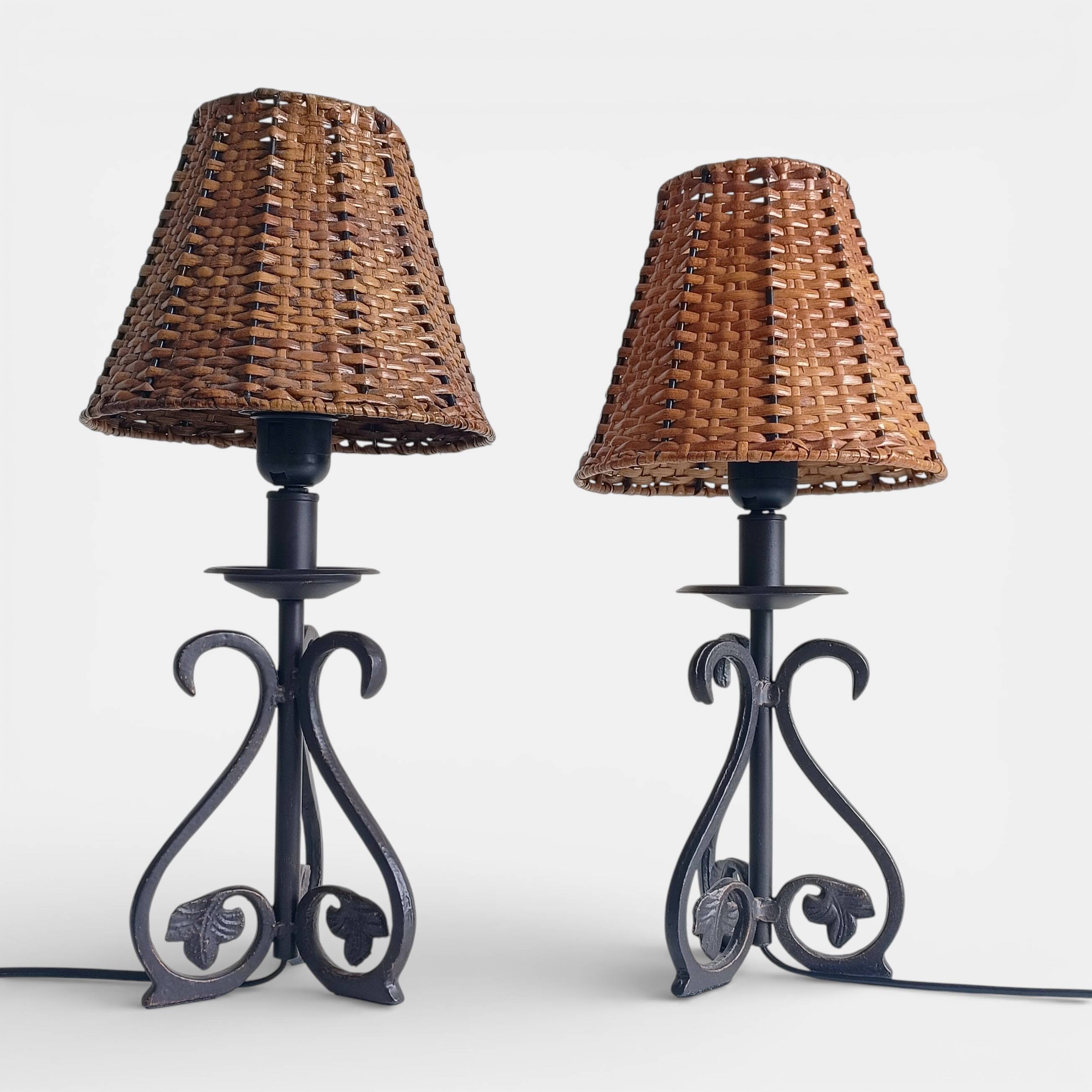 Spanish Hand Forged Wrought Iron Table Lamps with Hand Woven Wicker Shades