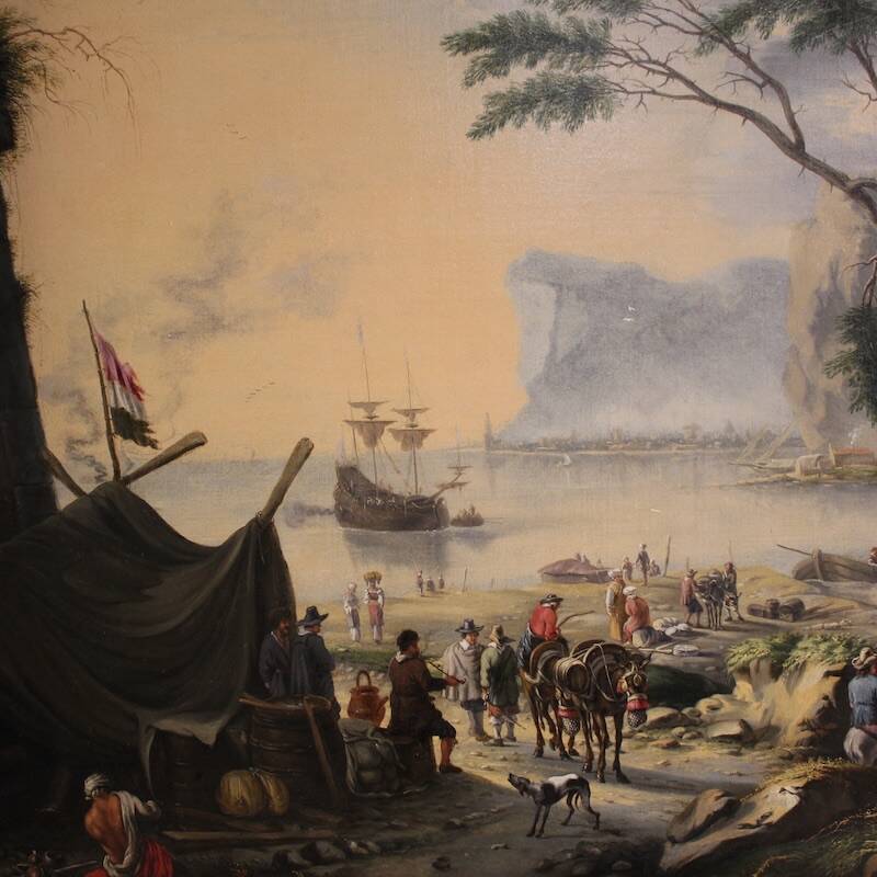17th century Flemish painting, large landscape with sailing ships