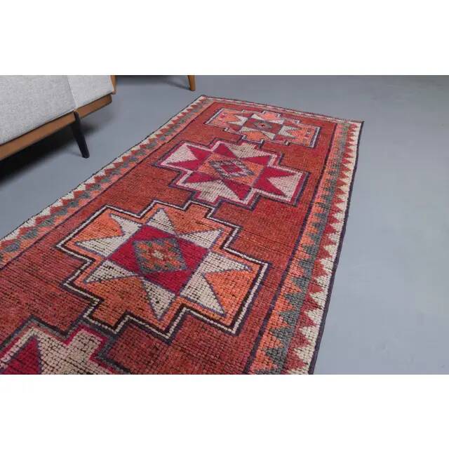 Vintage Turkish Oushak Handmade Wool Cotton Red Runner 87x336