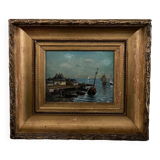 Oil on panel marine scene signed 20th century gilt leaf frame