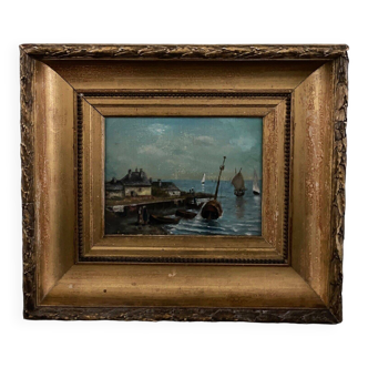 Oil on panel marine scene signed 20th century gilt leaf frame