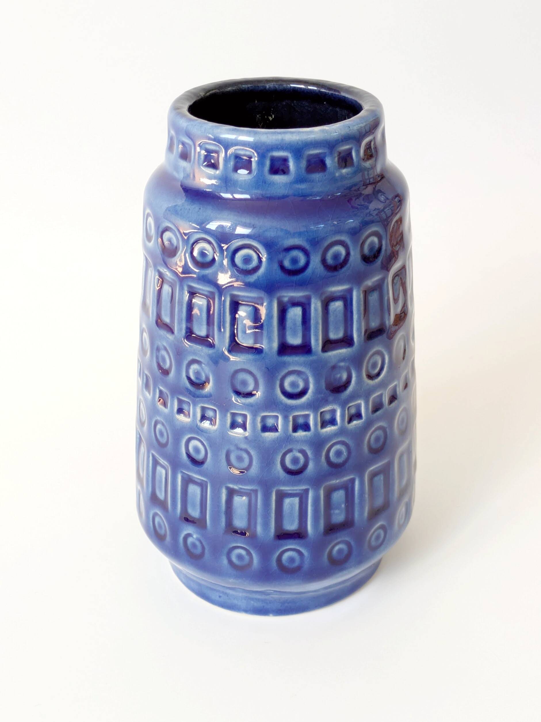 Vintage Scheurich Inka Vase, Blue Ceramic, West Germany