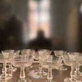 Baccarat, set of 10 engraved crystal champagne glasses from 1900.