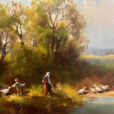 HSP painting "Landscape with shepherdess and child with geese" signed 20th century