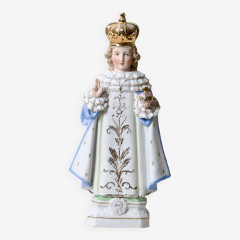 Statue XIXe Jesus de Prague en porcelaine polychrome