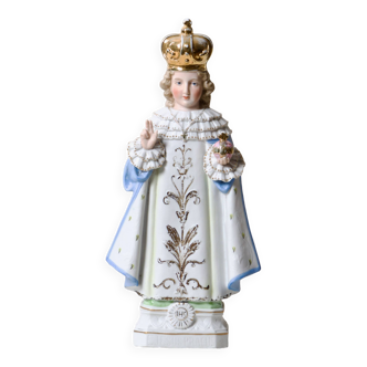 Statue XIXe Jesus de Prague en porcelaine polychrome