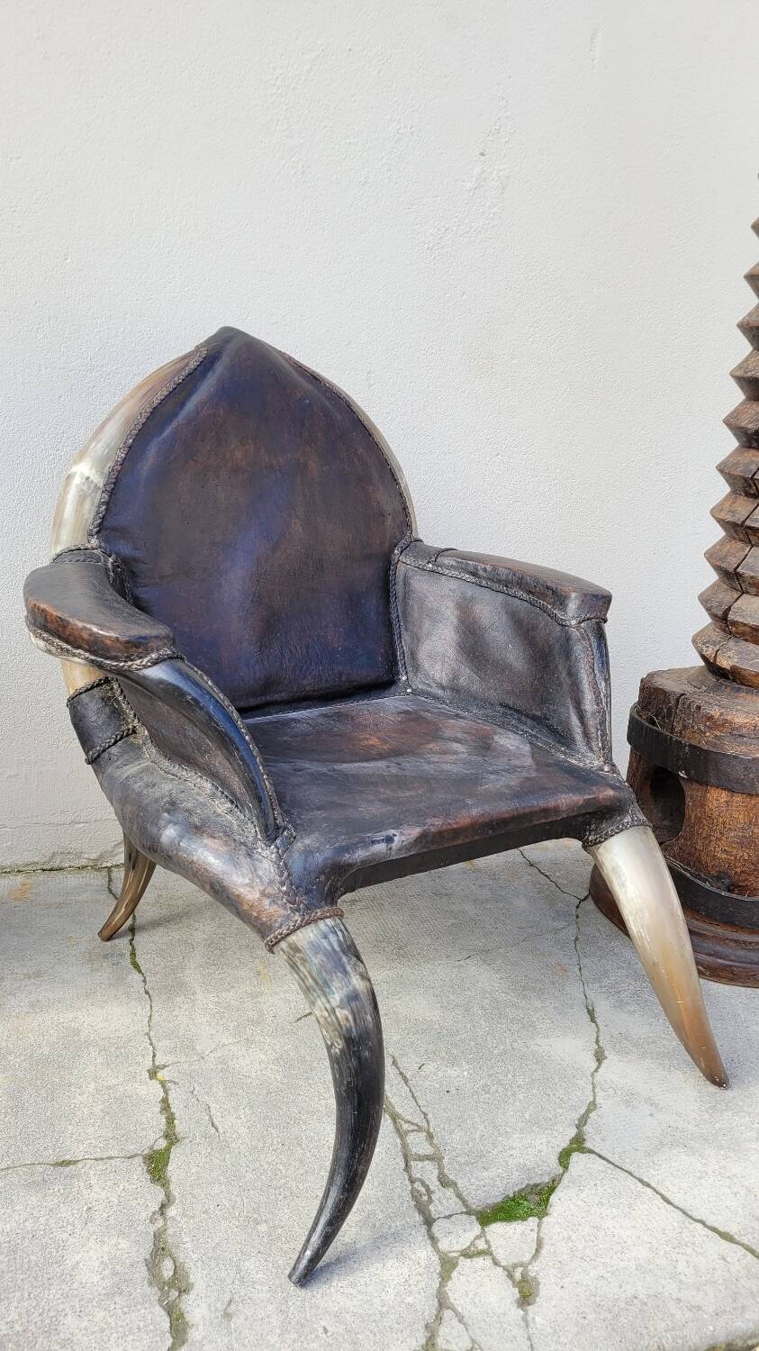 Fauteuil en corne et cuir ancien - 1950s