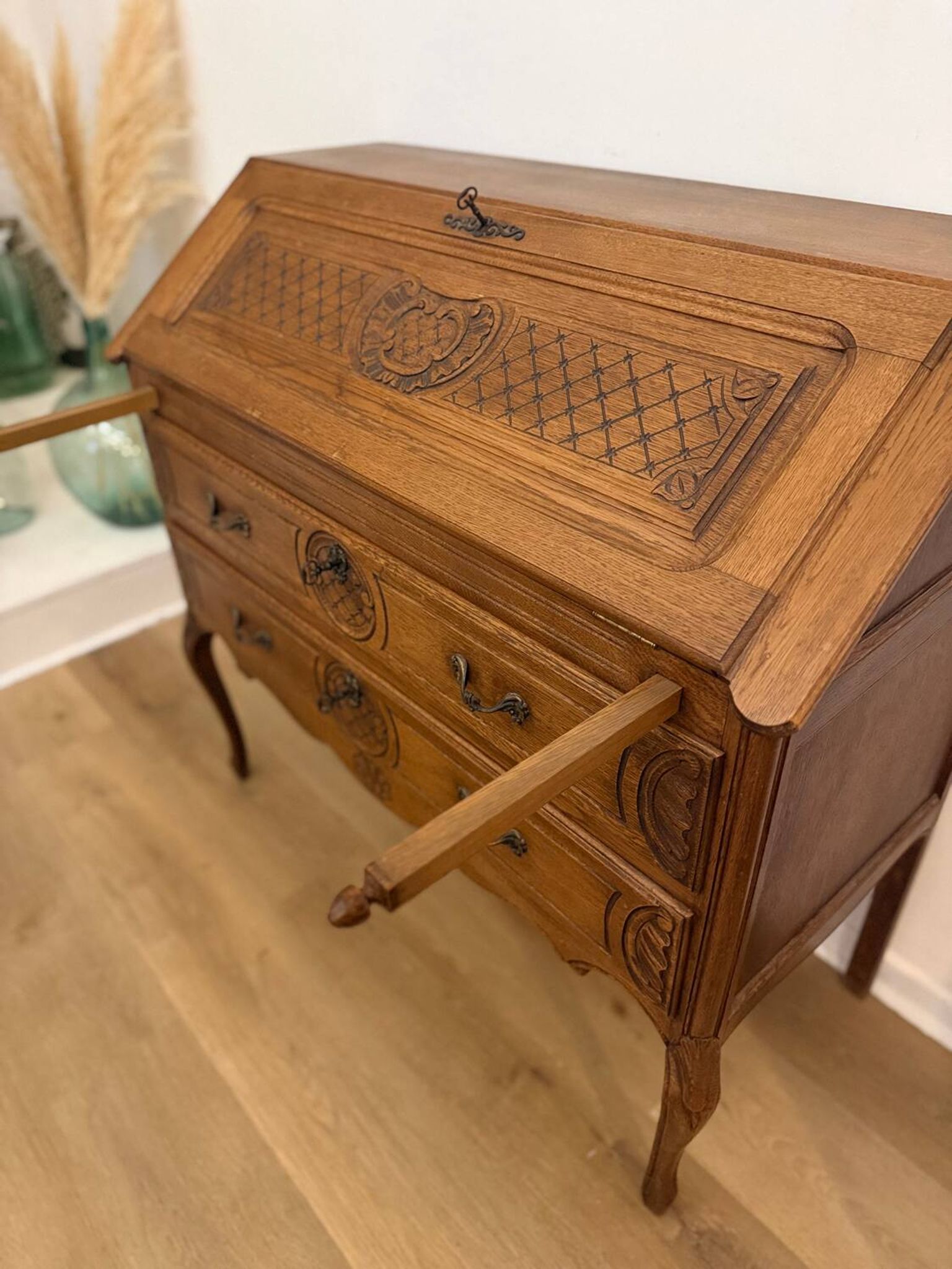 Carved oak secretary