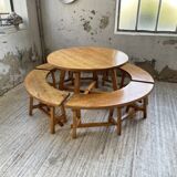 Set of round table and 4 rounded benches, 1950