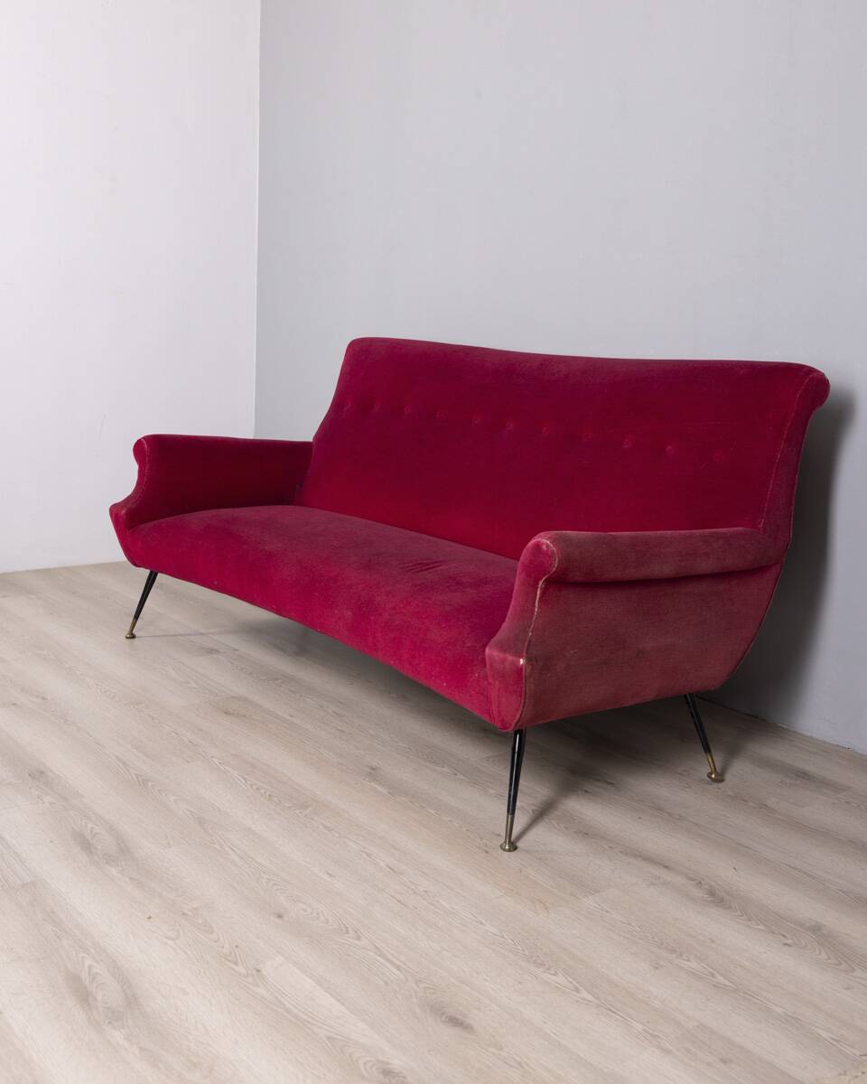 Canapé en velours rouge vintage des années 1950, design italien