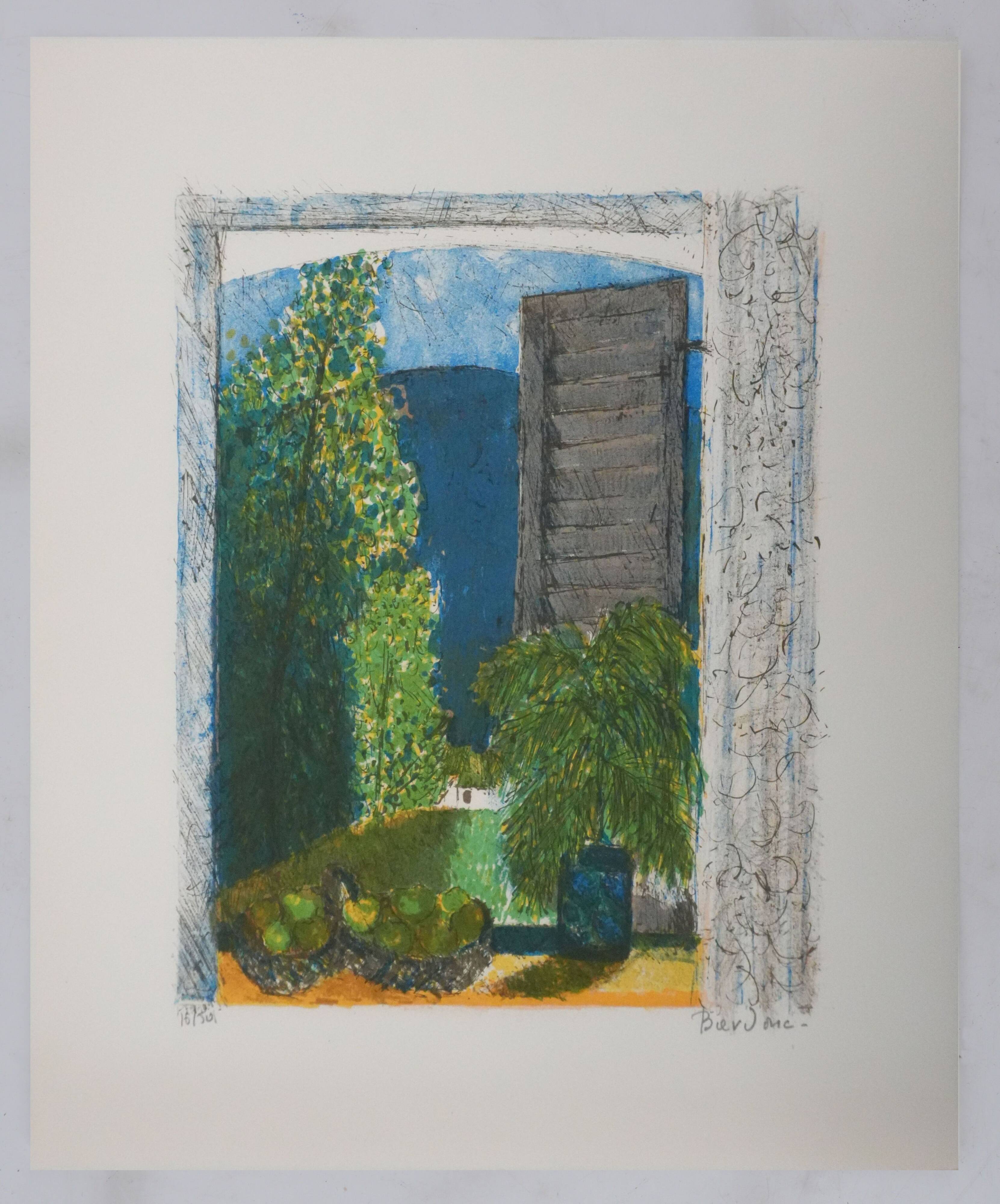 Guy Bardone: Window with Fruits, signed original lithograph.