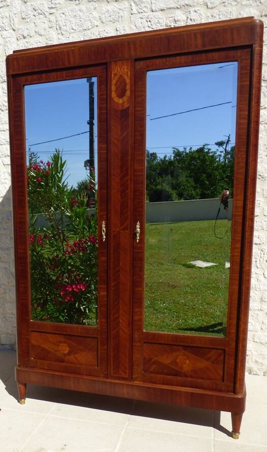Old wardrobe with marquetry 2 mirror doors