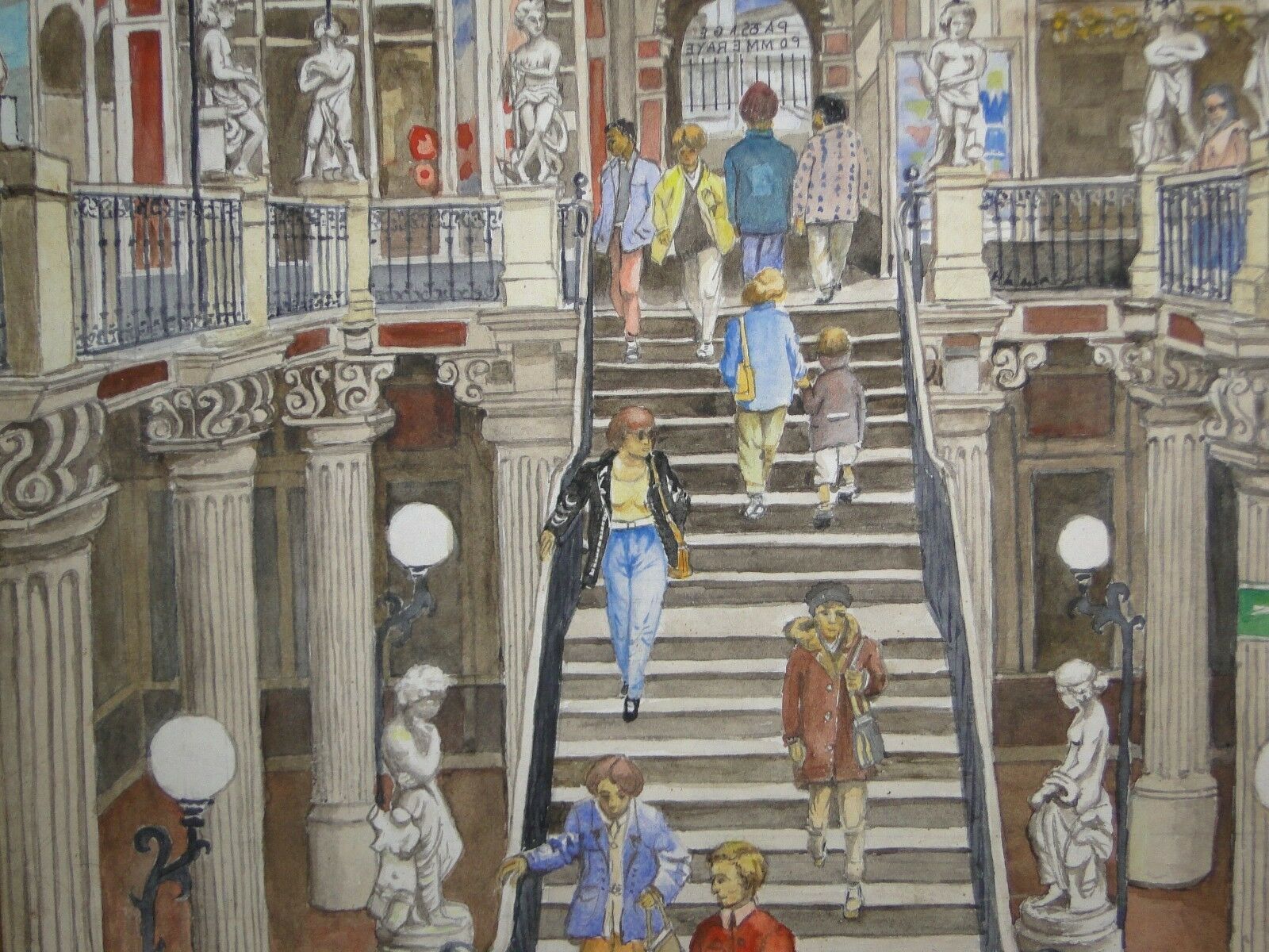 Aquarelle sur papier 1995 signe R. Daniel intérieur du passage Pommeraye