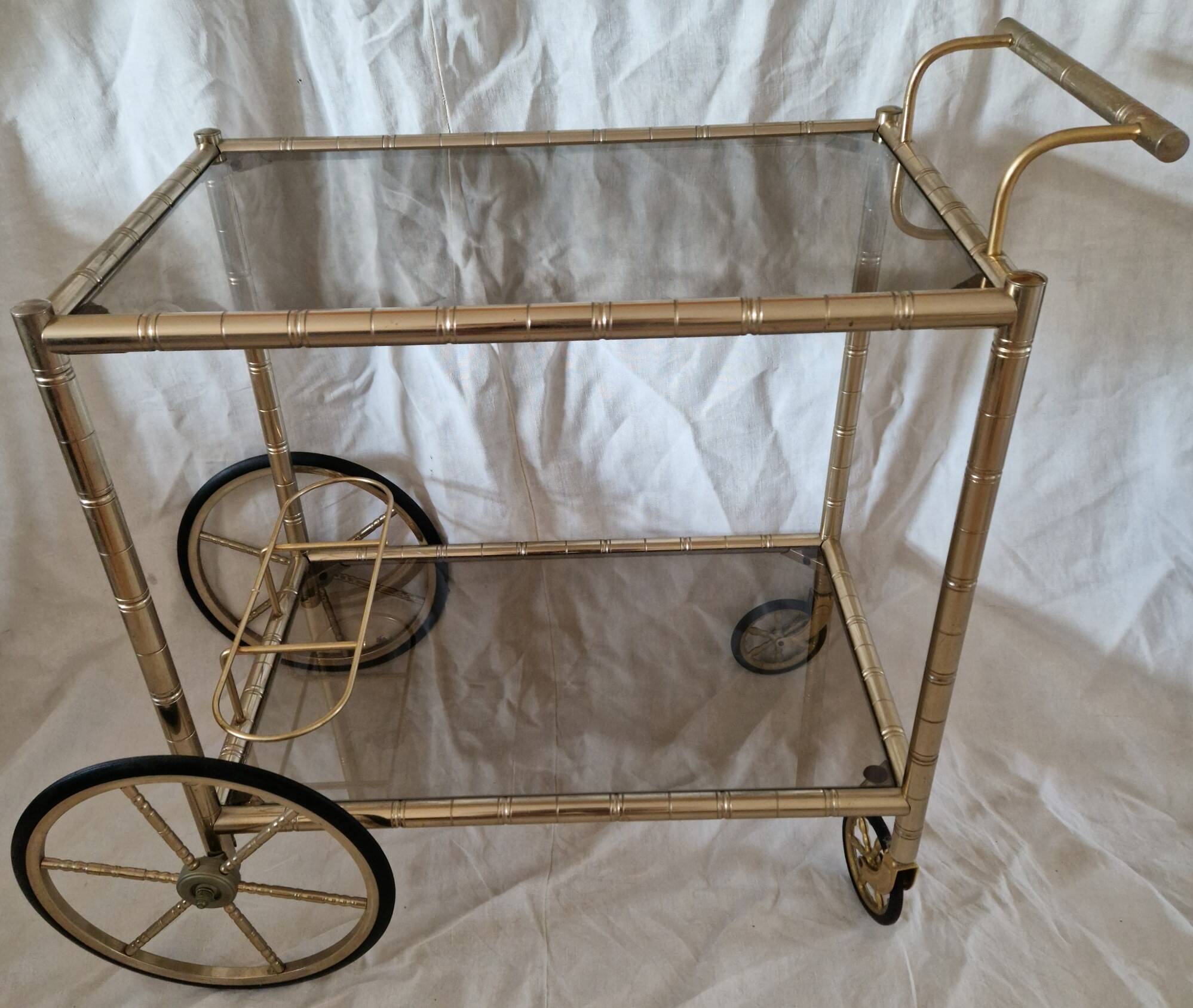 Rolling dessert trolley in gilded brass & glass from the 1970s in the style of Maison Jansen.