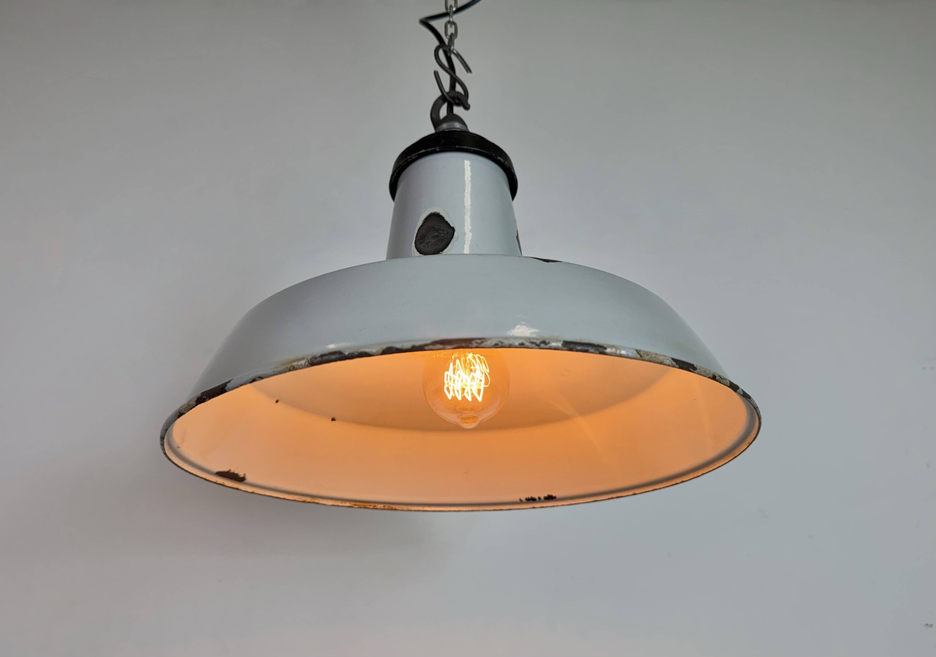 Industrial Grey Enamel Factory Pendant Lamp, 1960s