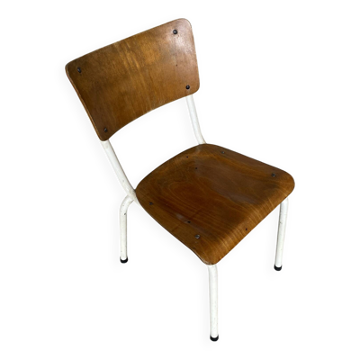 Chaise ecolier ancienne colmon tube metal blanc + bois vintage