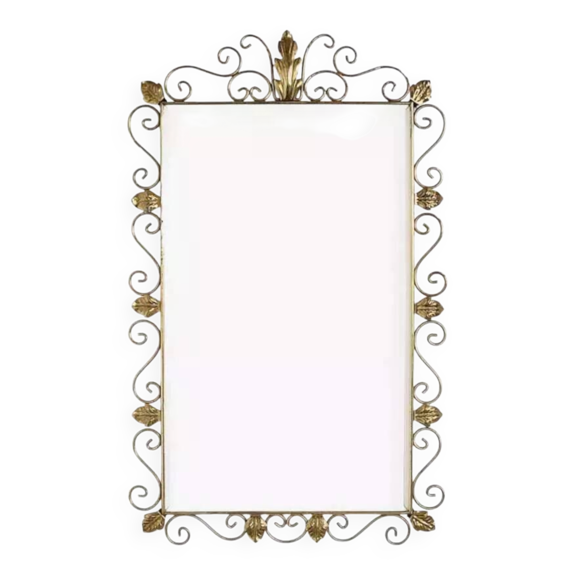 Rectangular mirror from the 1950s with a brass frame.