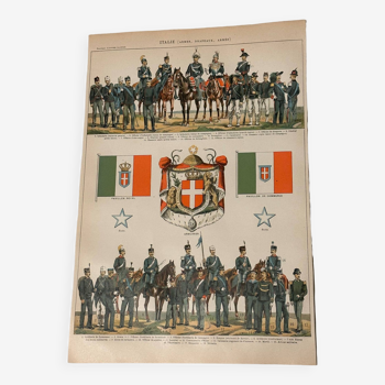 Engraving plate of the flag and costumes of the army of Italy XIX and map of Italy