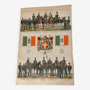 gravure planche des drapeau et les costumes de l’armée de l’Italie XIX et carte italie