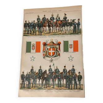 Engraving plate of the flag and costumes of the army of Italy XIX and map of Italy