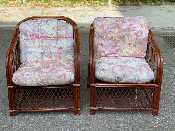 Fauteuil rotin et osier adulte bordeaux avec coussin 1970