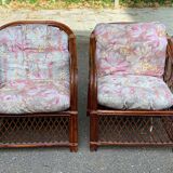 Adult burgundy rattan and wicker armchair with cushion 1970