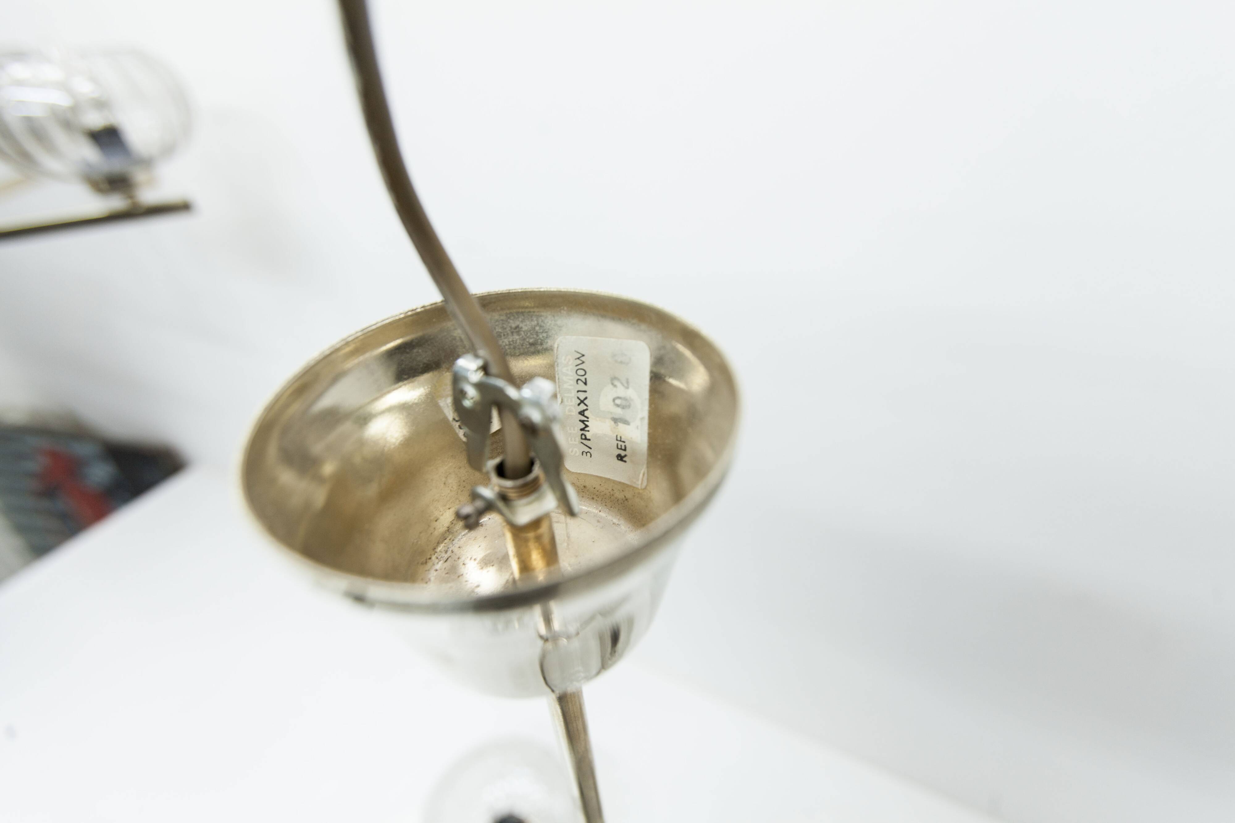 See Delmas chandelier, 3 arms, black and gold, clear glass, 1960