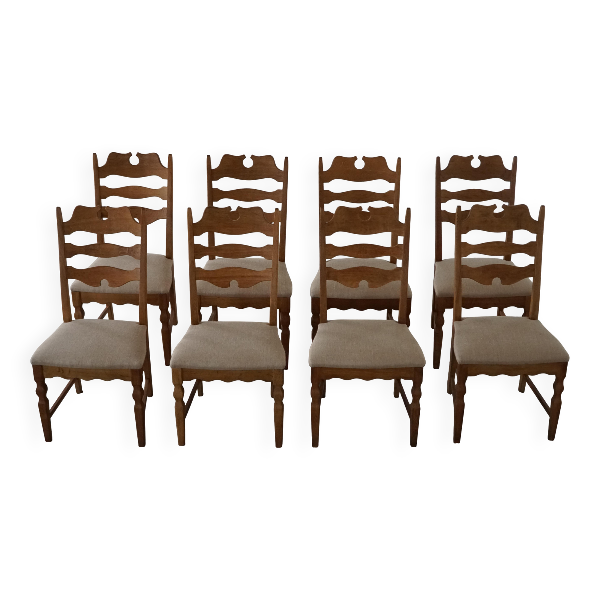 Set of 8 oak chairs with jute fabric, Henning Kjærnulf, mid-century Danish, 1960s.