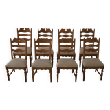 Set of 8 oak chairs with jute fabric, Henning Kjærnulf, mid-century Danish, 1960s.