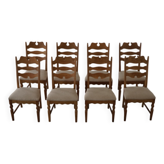 Set of 8 oak chairs with jute fabric, Henning Kjærnulf, mid-century Danish, 1960s.