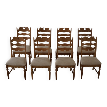 Ensemble de 8 chaises en chêne et toile de jute, Henning Kjærnulf, milieu du siècle danois, années 1960