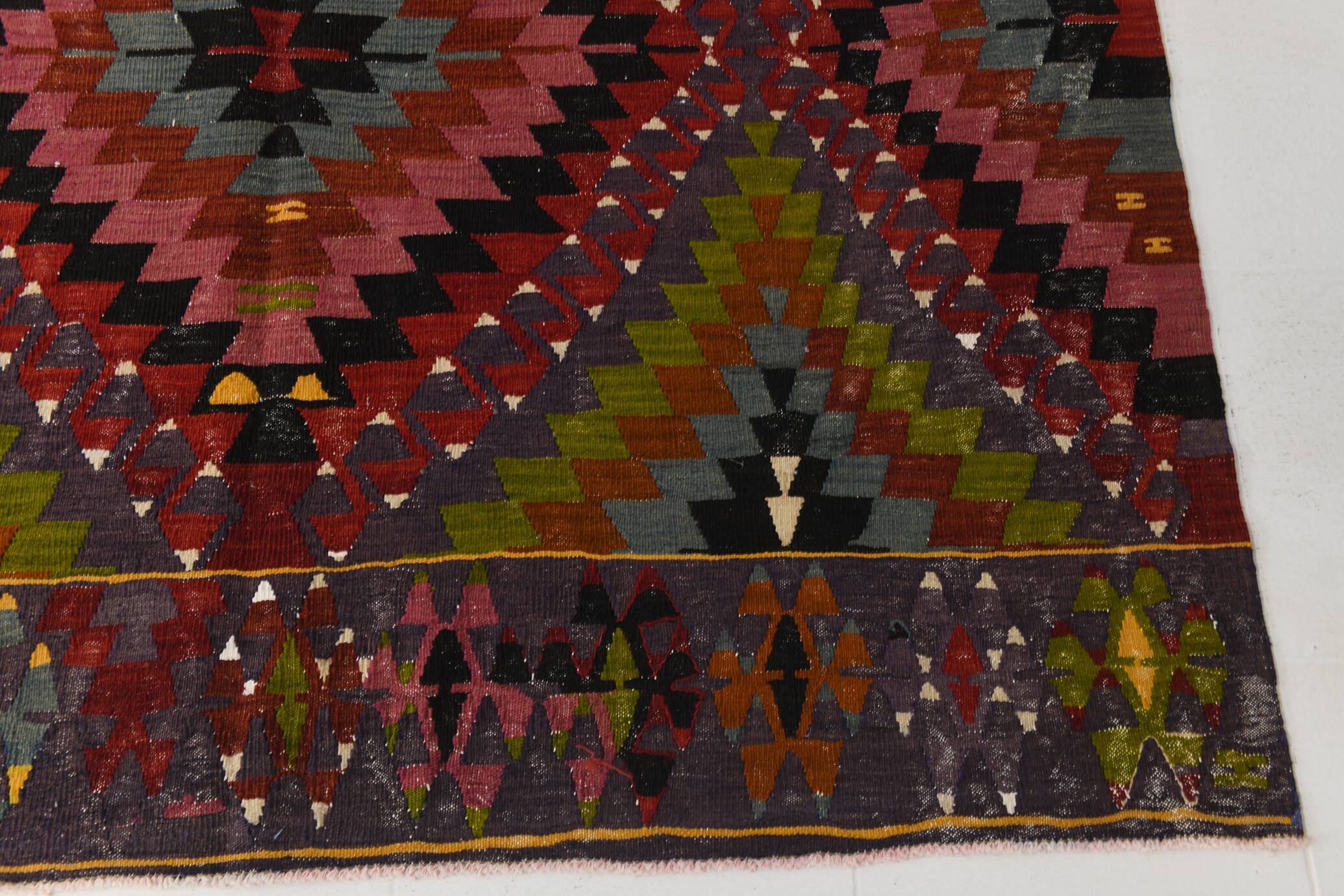 Geometric Pattern Burgundy  Turkish Vintage Kilim Rug, 188x338 Cm