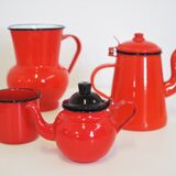 Set pichet & théière en métal émaillé orange et noir 1950s, set de 4