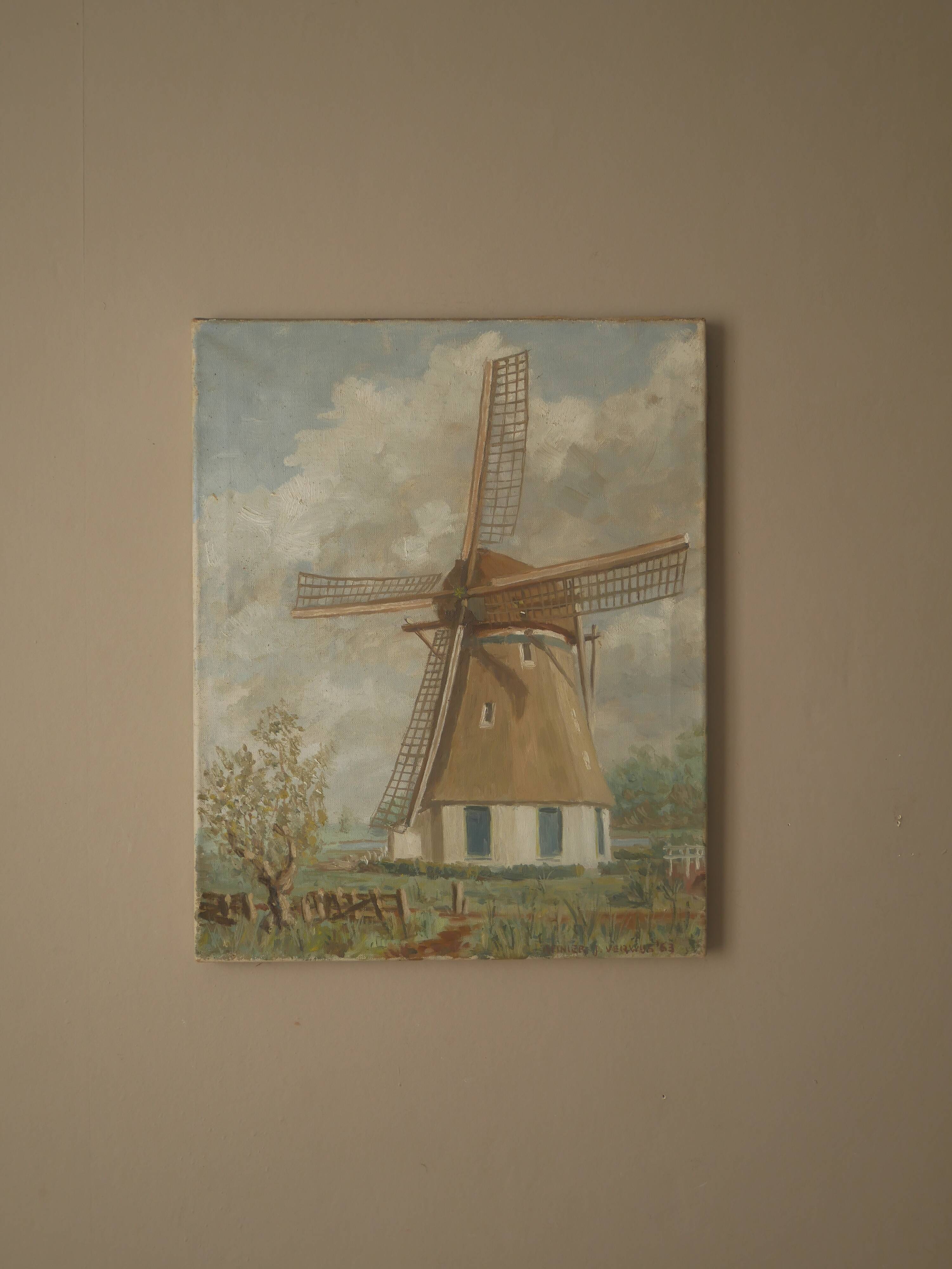 Acrylic painting on canvas vintage Dutch windmill Scandinavian countryside decoration