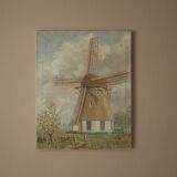 Acrylic painting on canvas vintage Dutch windmill Scandinavian countryside decoration