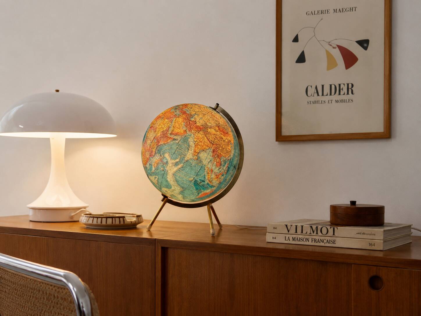 Globe vintage 1975 terrestre verre tripode doré Taride - 32 cm