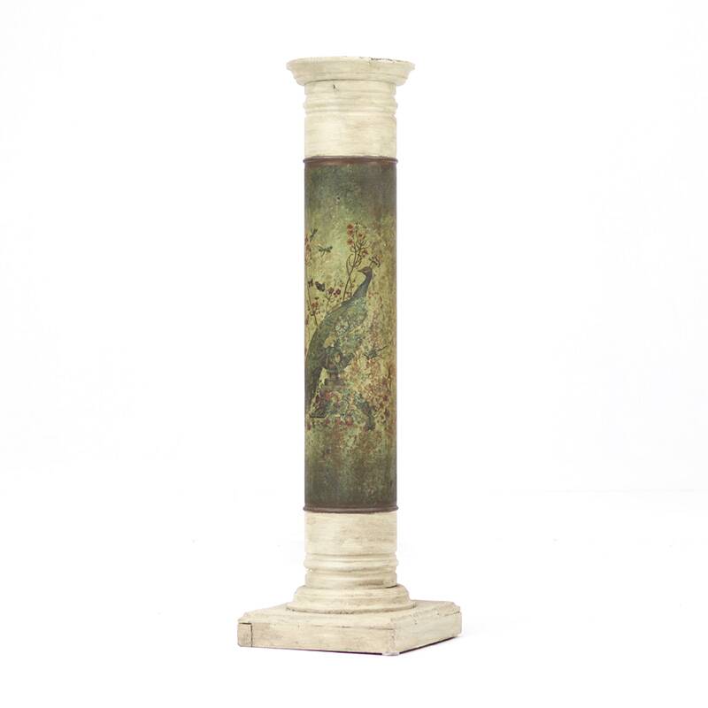 Antique Weathered Folk Art Painted Pedestal with Peacock