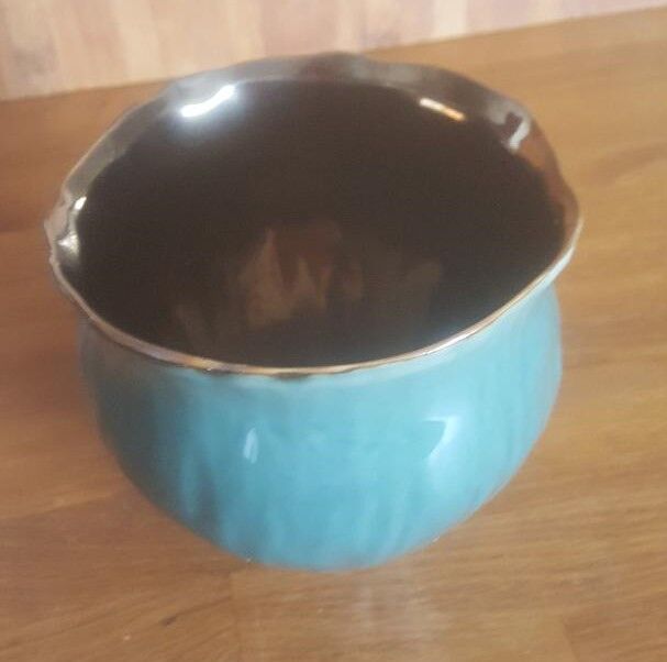 Vintage green and bronze ceramic pot cover vase