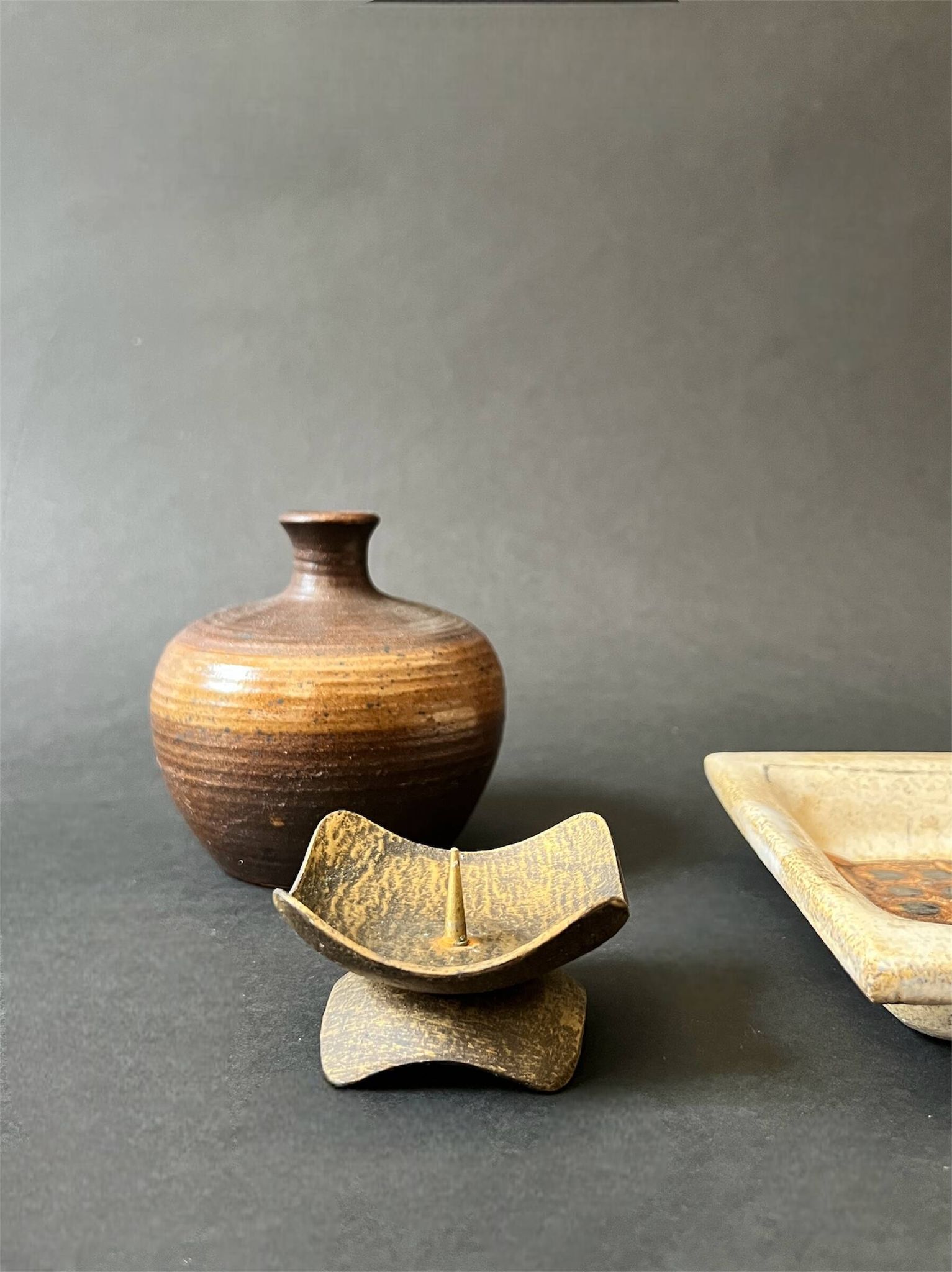 Hammered brass candle holder, brutalist design, 1970s