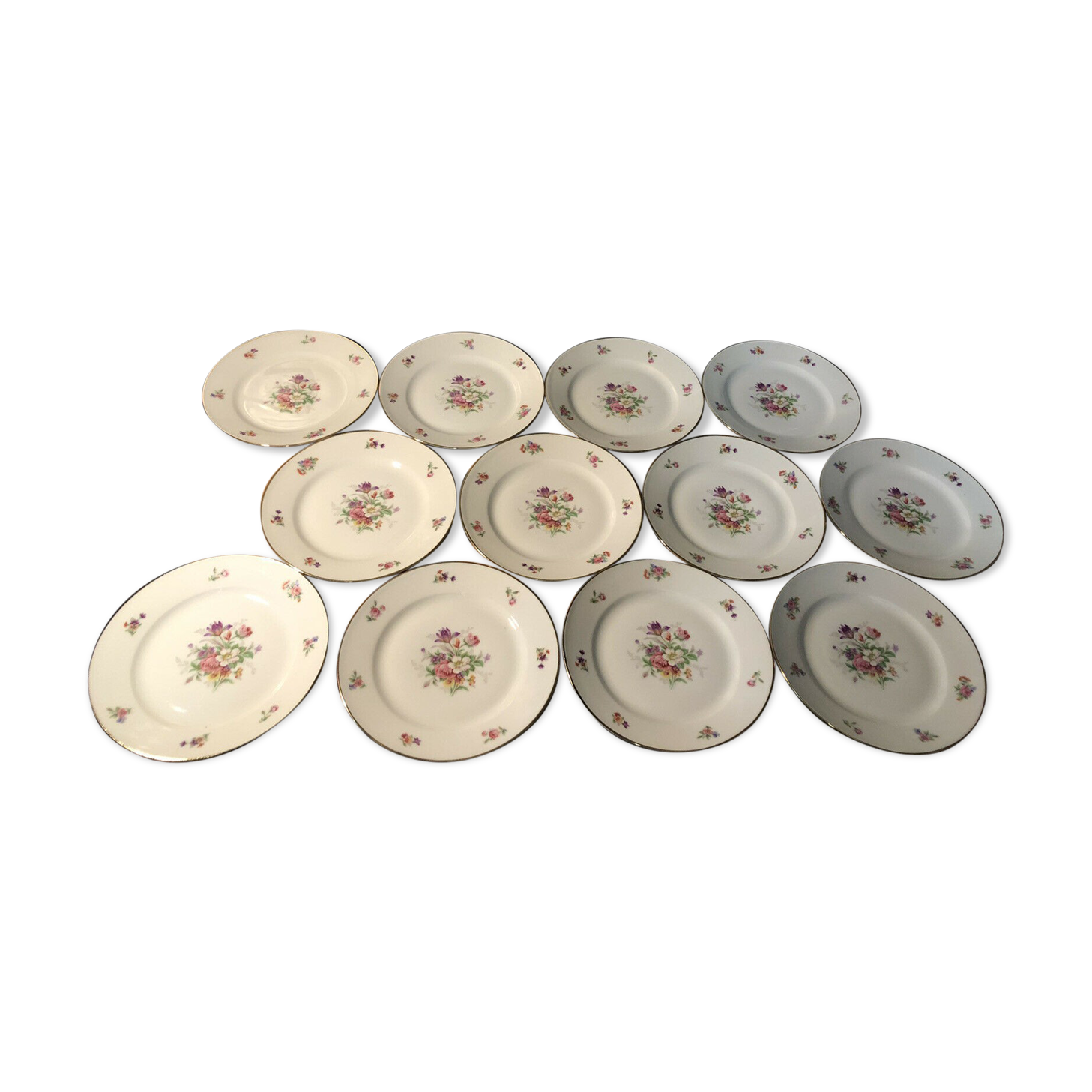 Set of 12 dessert plate in Limoges porcelain PCL with floral decoration