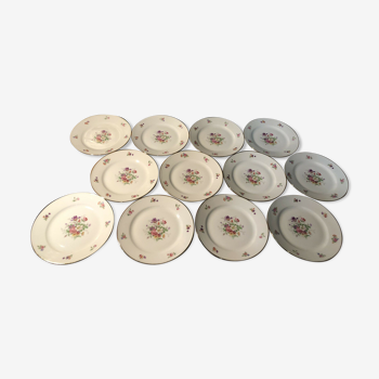 Set of 12 dessert plate in Limoges porcelain PCL with floral decoration