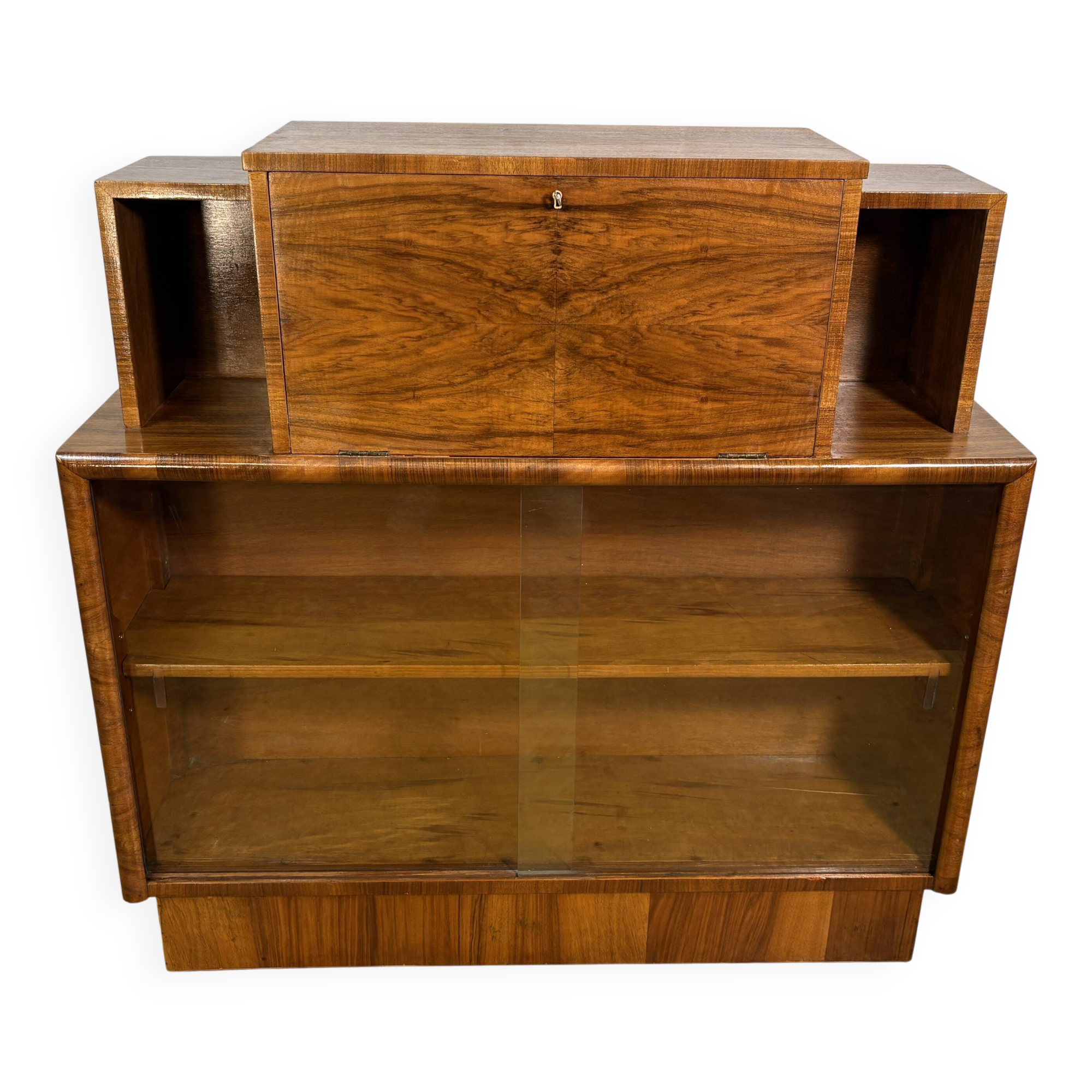 Art Deco Vintage 1930s Burr Walnut Bureau Display Cabinet Fall Front