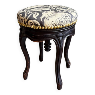 Napoleon III piano stool in black wood and cotton "Large Poppies" by Antoinette Poisson