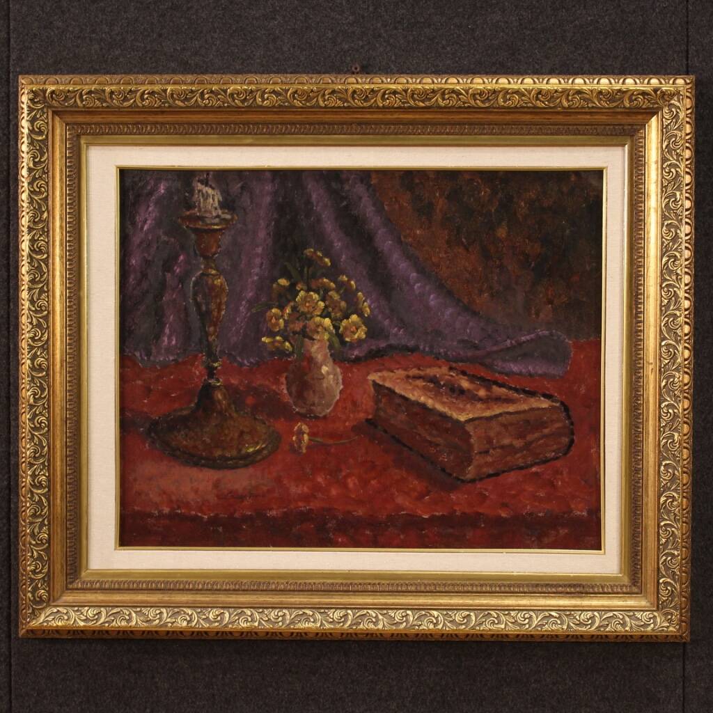 Signed painting oil on masonite still life dated 1942