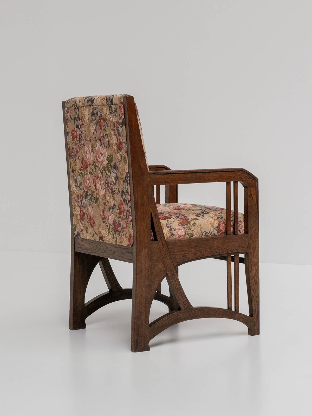 Art Nouveau Armchair in Oak with Floral Upholstery, Belgium, 1900s